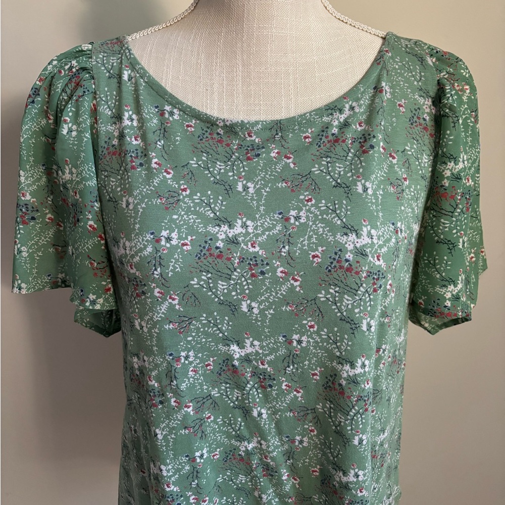 Lucky Brand Flutter Sleeve Floral Print Top Green - Picture 2 of 9